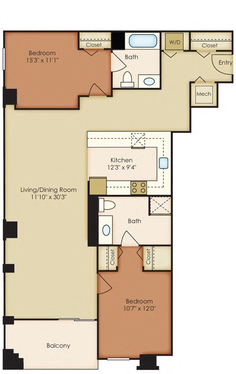 Floor plan for 2 beds, 2 baths, 1182 sqft